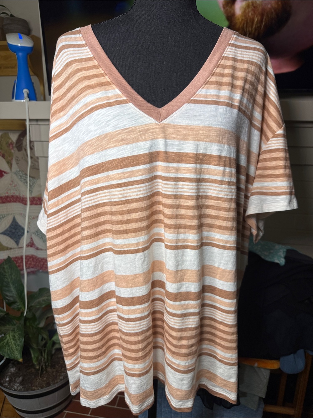 torrid Striped V-Neck Tee in Cream and Tan